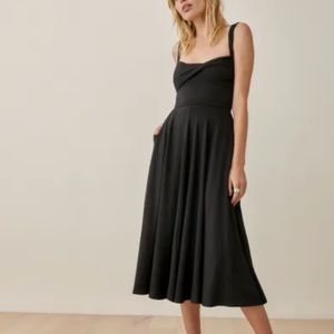 NWT Reformation ‘Ami’ knit dress, black, small. Fitted bodice, full midi skirt.